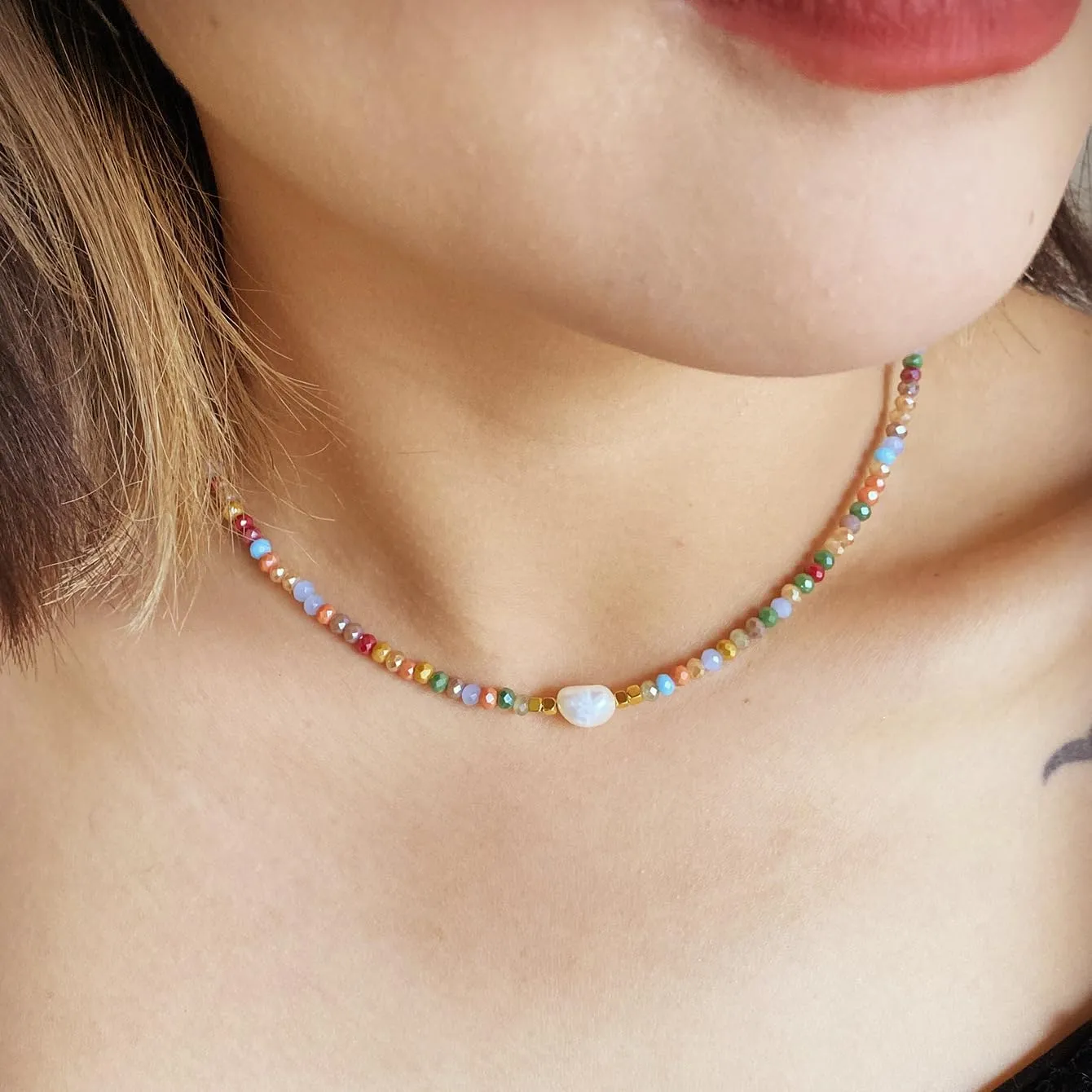 Colorful Beaded Necklaces for Women Crystal Bead Necklace Beach Necklaces Boho Necklaces for Women Pearl Beaded Choker Necklace Stainless Steel 18K Gold Plated Choker