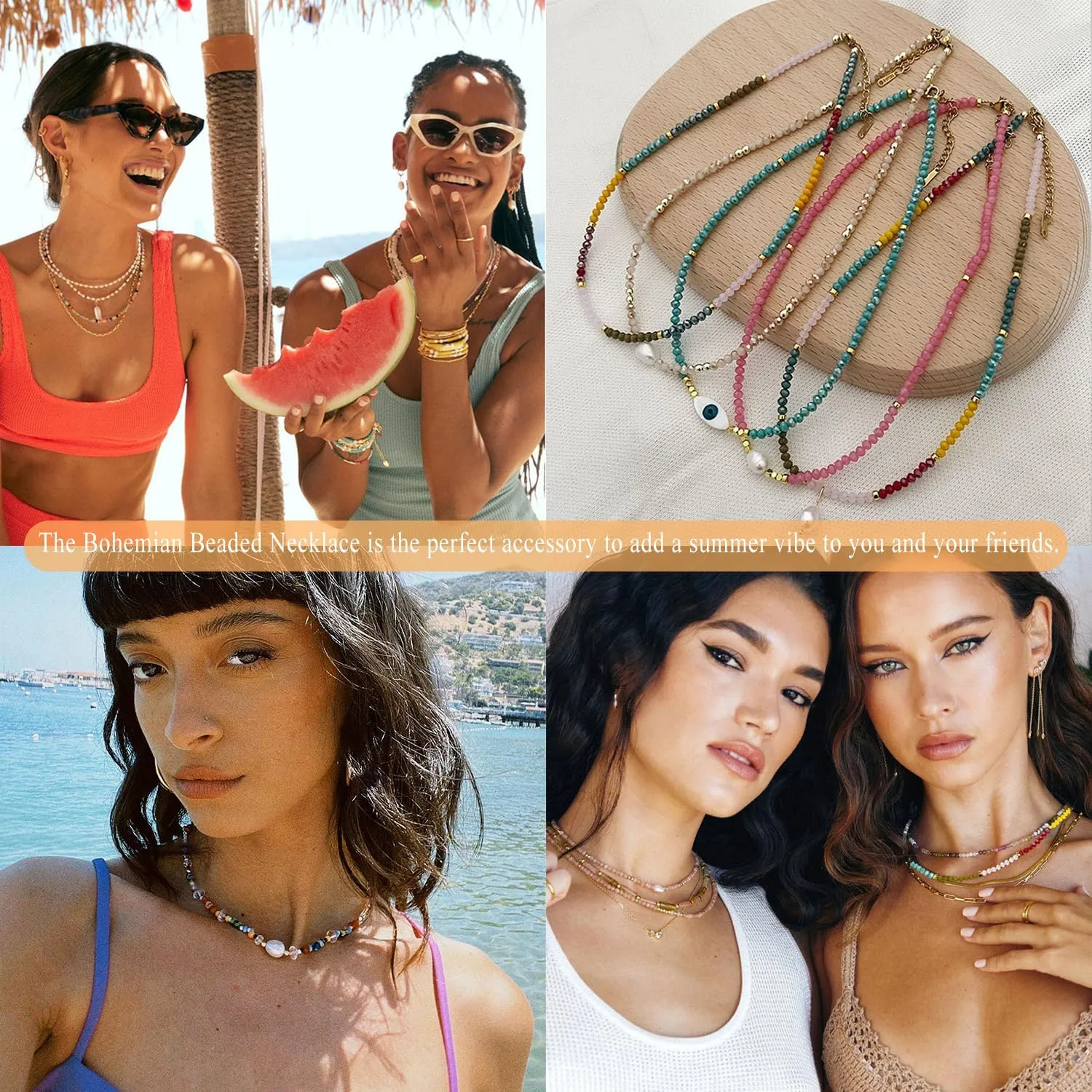 Colorful Beaded Necklaces for Women Crystal Bead Necklace Beach Necklaces Boho Necklaces for Women Pearl Beaded Choker Necklace Stainless Steel 18K Gold Plated Choker