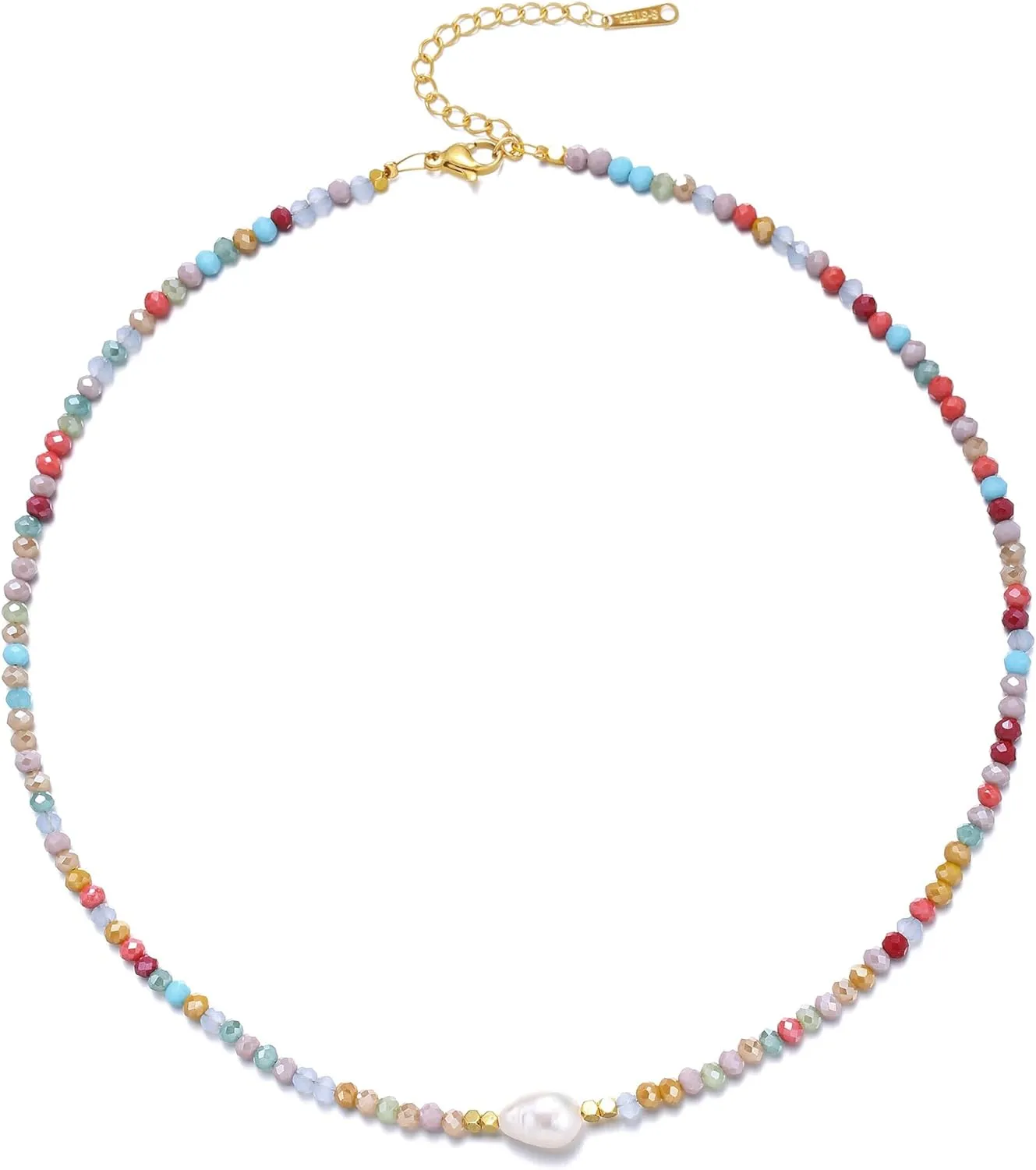 Colorful Beaded Necklaces for Women Crystal Bead Necklace Beach Necklaces Boho Necklaces for Women Pearl Beaded Choker Necklace Stainless Steel 18K Gold Plated Choker