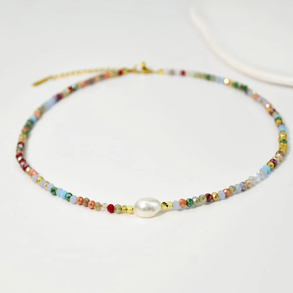 Colorful Beaded Necklaces for Women Crystal Bead Necklace Beach Necklaces Boho Necklaces for Women Pearl Beaded Choker Necklace Stainless Steel 18K Gold Plated Choker
