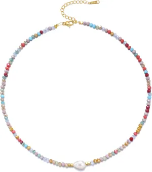 Colorful Beaded Necklaces for Women Crystal Bead Necklace Beach Necklaces Boho Necklaces for Women Pearl Beaded Choker Necklace Stainless Steel 18K Gold Plated Choker