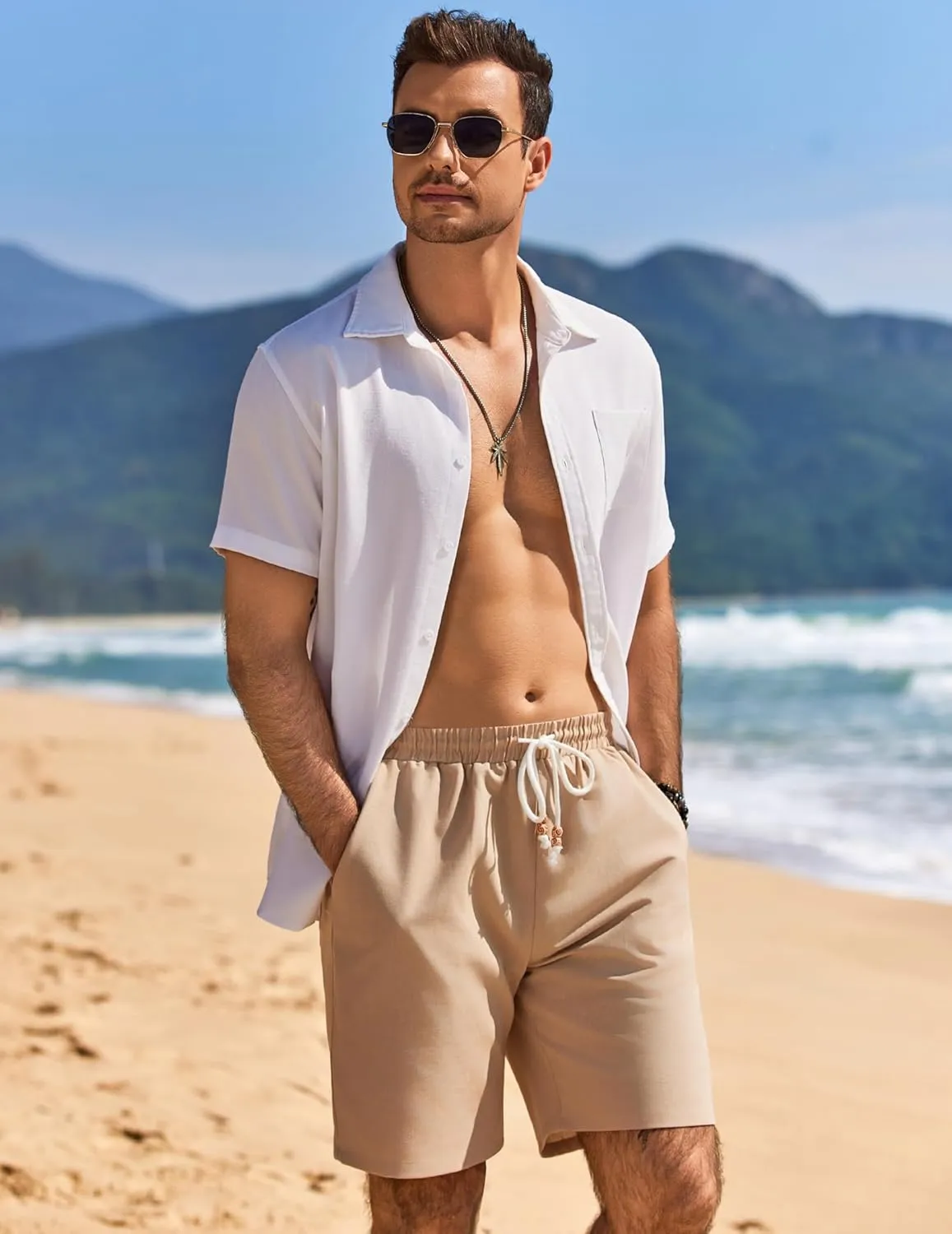 COOFANDY Mens Linen Shorts Casual Drawstring Elastic Waist Lightweight Summer Vacation Beach Shorts