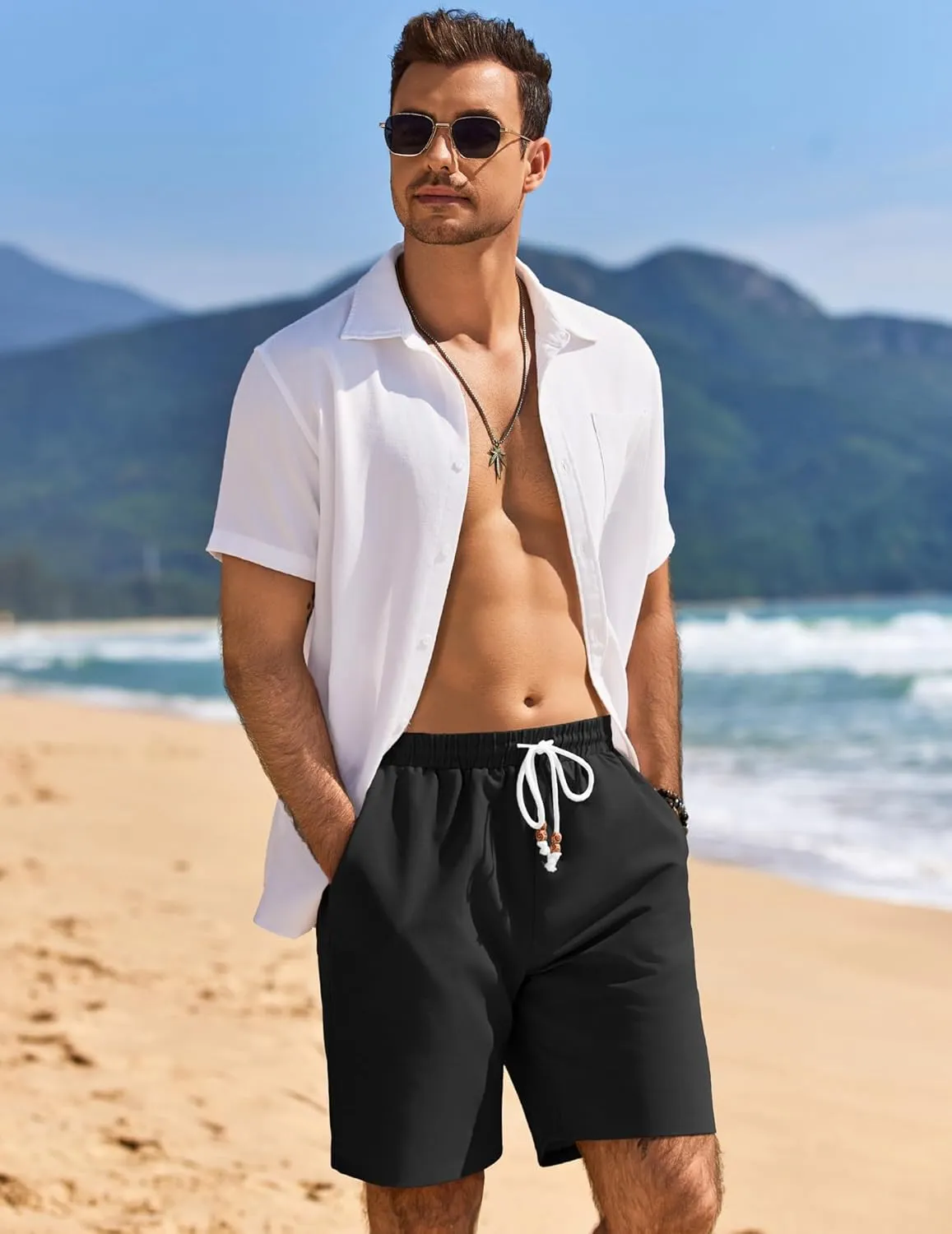 COOFANDY Mens Linen Shorts Casual Drawstring Elastic Waist Lightweight Summer Vacation Beach Shorts