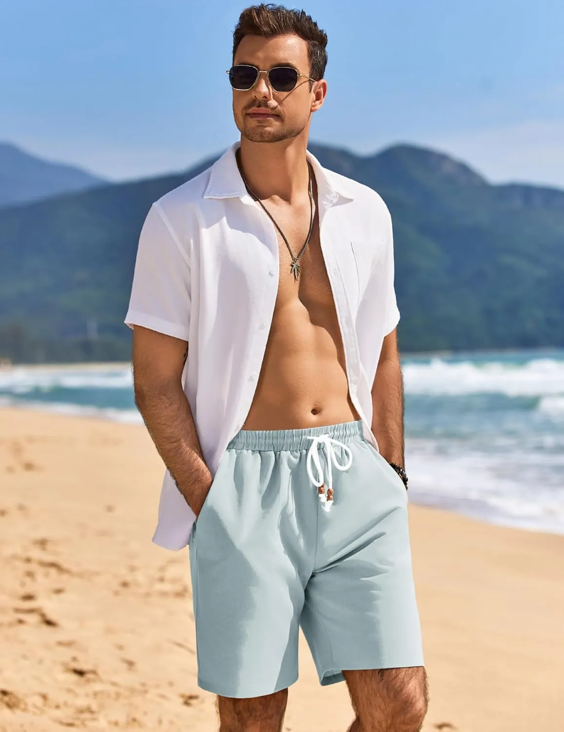 COOFANDY Mens Linen Shorts Casual Drawstring Elastic Waist Lightweight Summer Vacation Beach Shorts