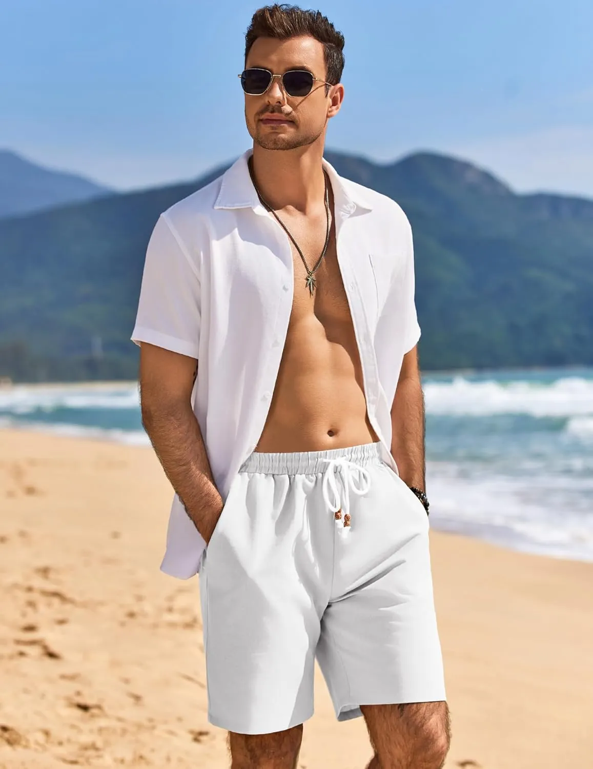 COOFANDY Mens Linen Shorts Casual Drawstring Elastic Waist Lightweight Summer Vacation Beach Shorts
