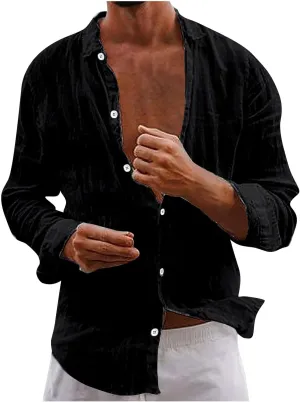 Cotton Linen Shirts for Men Casual Long Sleeve Solid Color Collared Tops Vintage Loose Fit Button Down Shirts