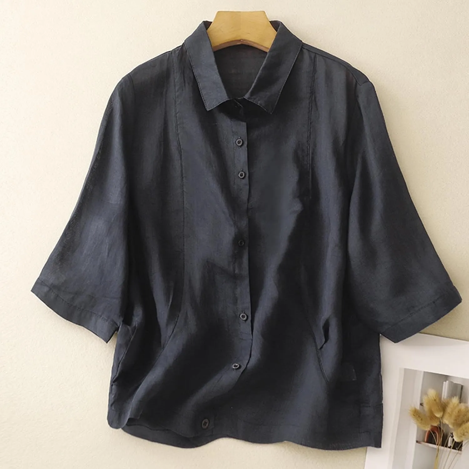 Cotton Tshirts for Women Lightweight Linen Cotton Soft Tops Casual 3/4 Sleeve Button Down Summer Blouses Outfits
