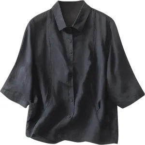 Cotton Tshirts for Women Lightweight Linen Cotton Soft Tops Casual 3/4 Sleeve Button Down Summer Blouses Outfits