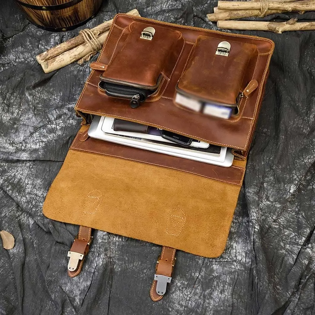 Crazy Horse Leather Briefcase 16 Inch Laptop Messenger Bag Handbag Multifunctional Youth Men Business Travel Shoulder Bag (Color : Light Brown, Size : 15.7x11.8x3.9 inch)