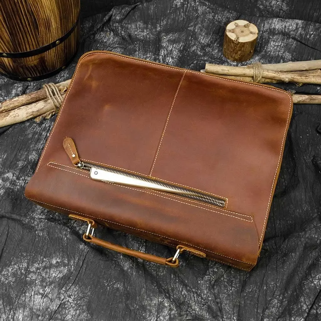 Crazy Horse Leather Briefcase 16 Inch Laptop Messenger Bag Handbag Multifunctional Youth Men Business Travel Shoulder Bag (Color : Light Brown, Size : 15.7x11.8x3.9 inch)