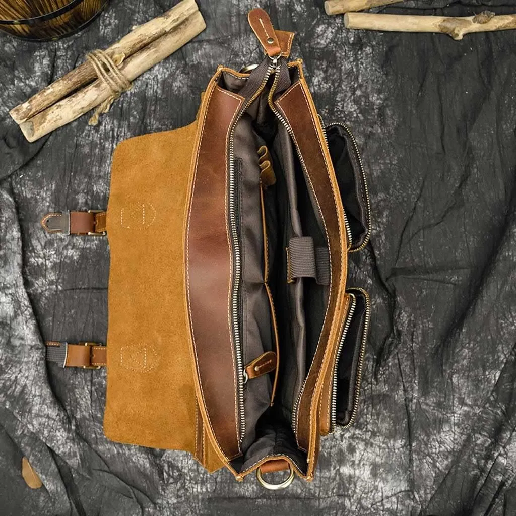 Crazy Horse Leather Briefcase 16 Inch Laptop Messenger Bag Handbag Multifunctional Youth Men Business Travel Shoulder Bag (Color : Light Brown, Size : 15.7x11.8x3.9 inch)