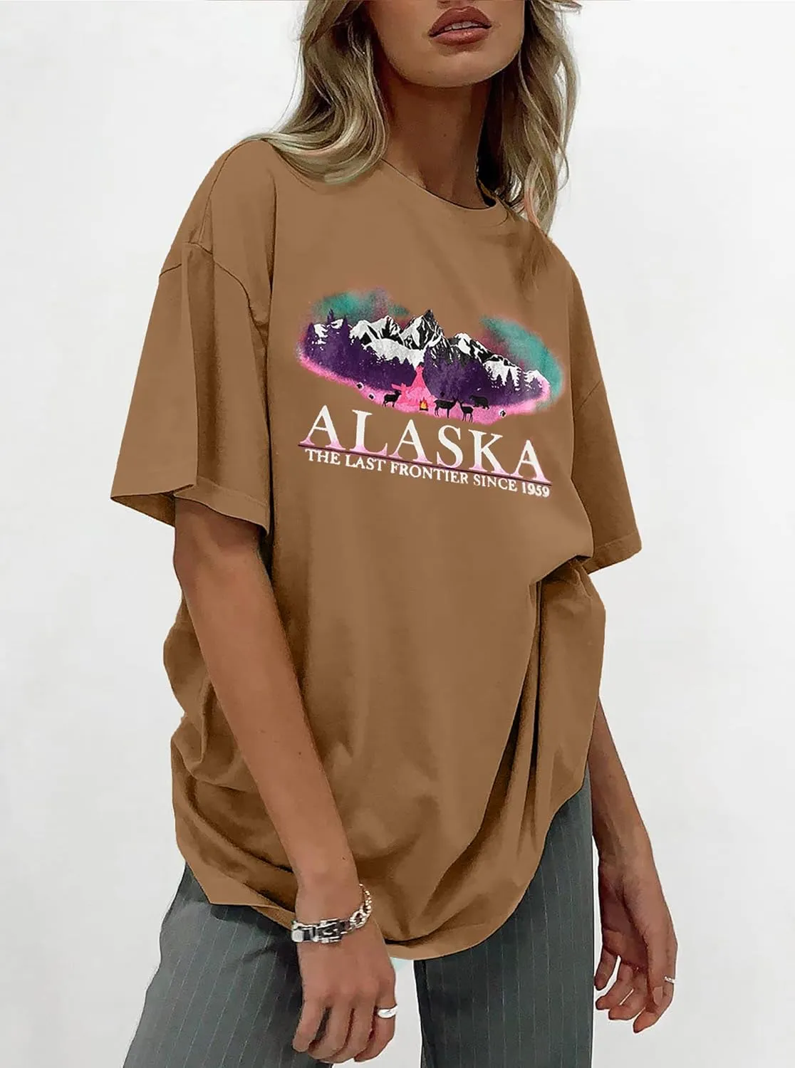 CSDAJIO Women's Graphic Oversized Tshirt Vintage Half Sleeve Round Neck Baggy Tee Summer Casual Tunic Shirt