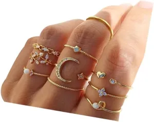 CSIYANJRY99 Boho Vintage Rings for Women,Gold Knuckle Rings Sets Stackable Star Moon Heart Leaf Mid Finger Rings