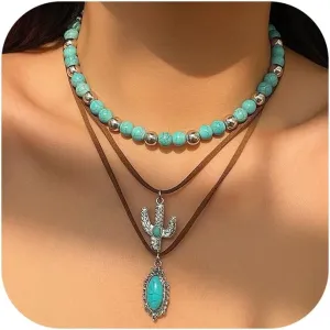 CSIYANJRY99 Layered Western Necklaces for Women Vintage Turquoise Beaded Western Jewelry for Women Ox-head Cactus Cross Chain Necklaces Country Concert Cowgirl Dresses Accessories