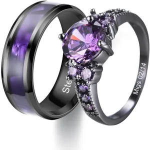 Custom Engraved Couple Rings Set Promise Rings for Him and Her Purple Matching Wedding Rings for Couples Black and Blue Titanium Rings for Men Wedding Band CZ Engagement Ring for Women,Size 5-13