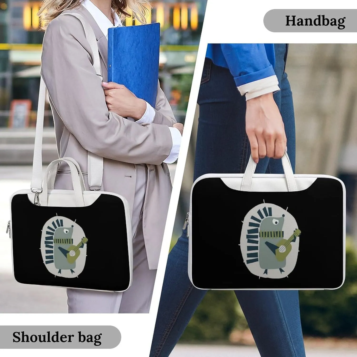 Cute Hedgehog Playing Guitar Leather Bag Laptop Case Slim Water Resistant Computer Bags with Handle Briefcase for Work