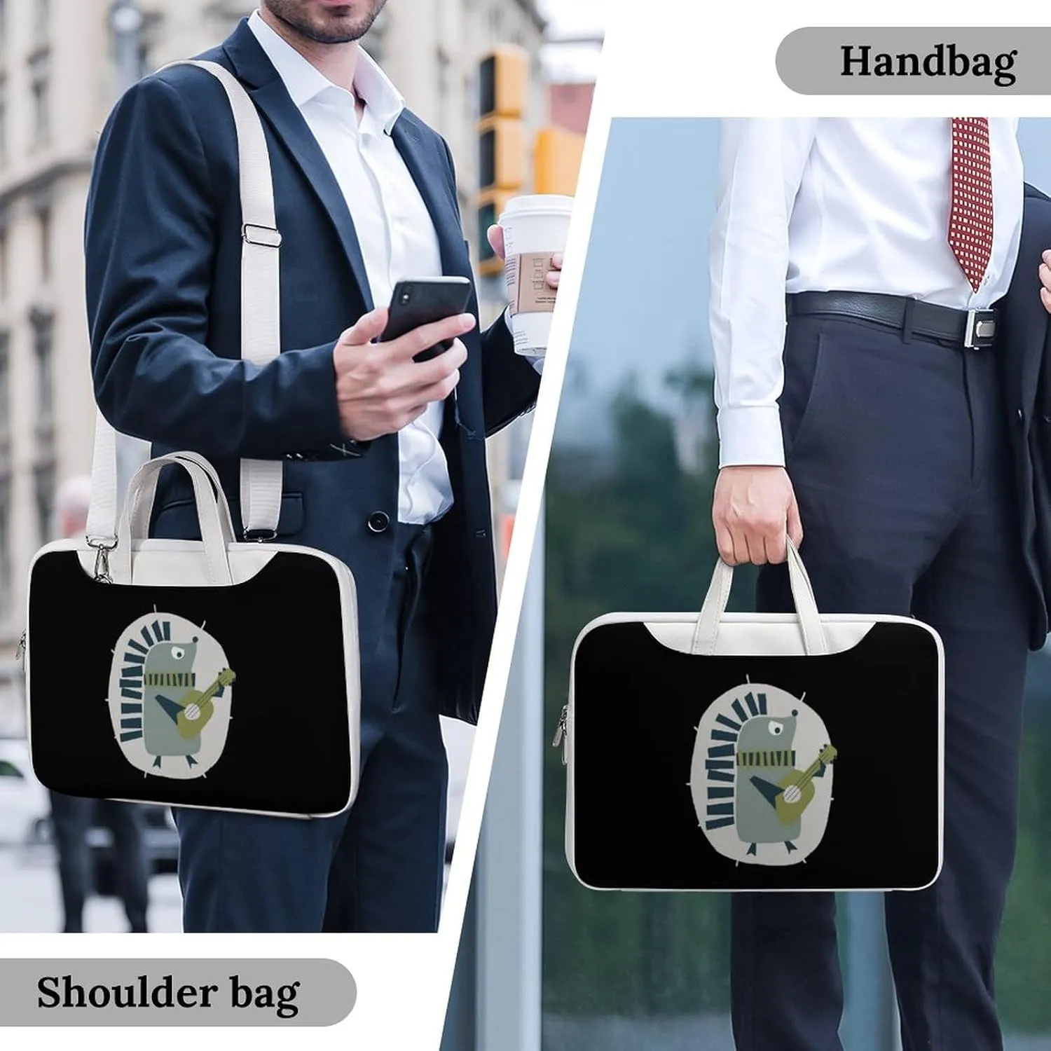 Cute Hedgehog Playing Guitar Leather Bag Laptop Case Slim Water Resistant Computer Bags with Handle Briefcase for Work