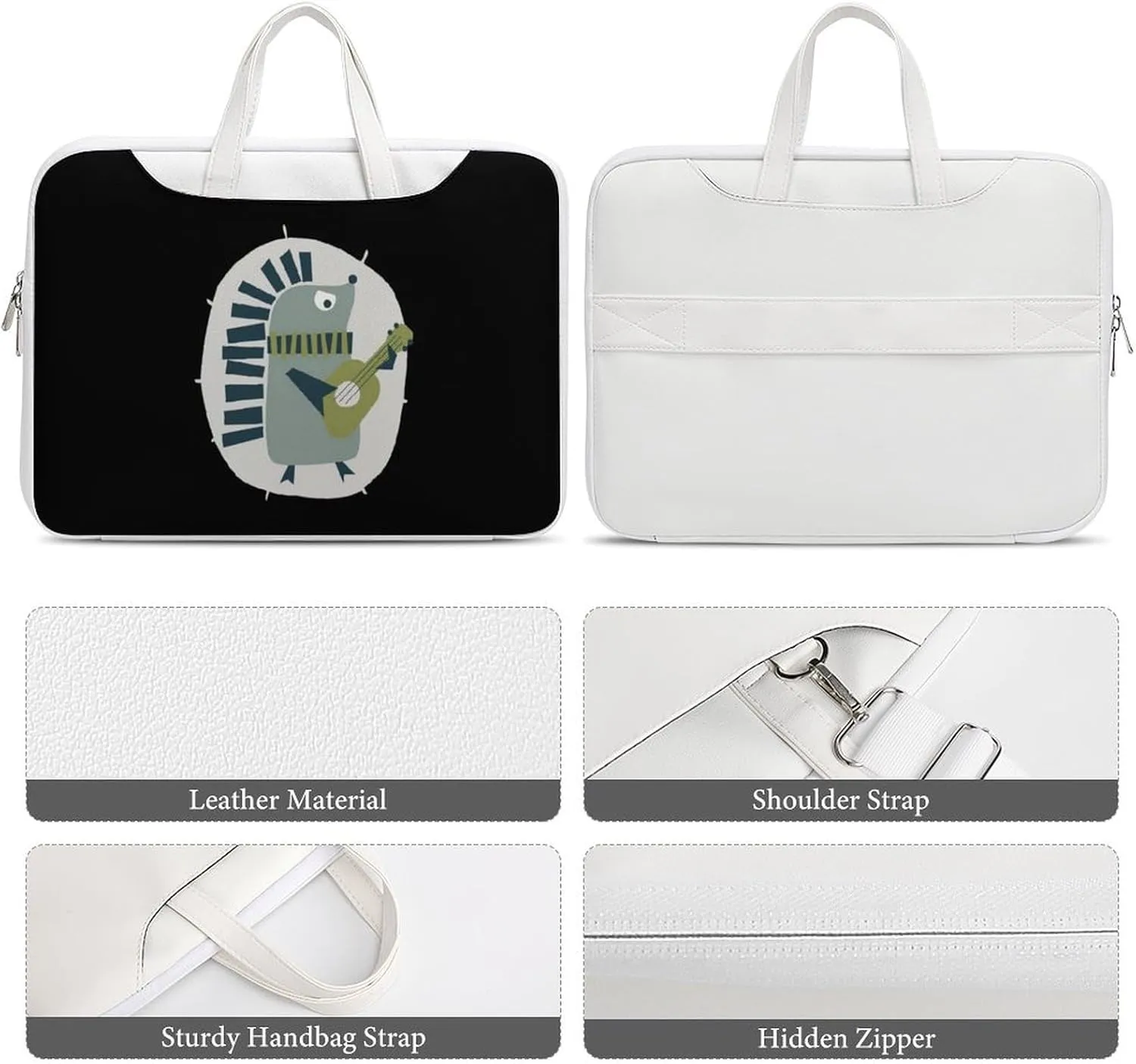 Cute Hedgehog Playing Guitar Leather Bag Laptop Case Slim Water Resistant Computer Bags with Handle Briefcase for Work