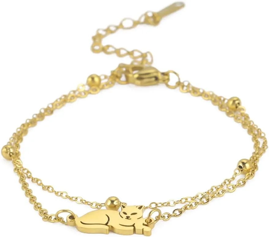 Dainty Gold Cat Anklet for Women Ankle Bracelet Gift Set Cross Chain Kitten Anniversary Birthday Stainless Steel Family Friends