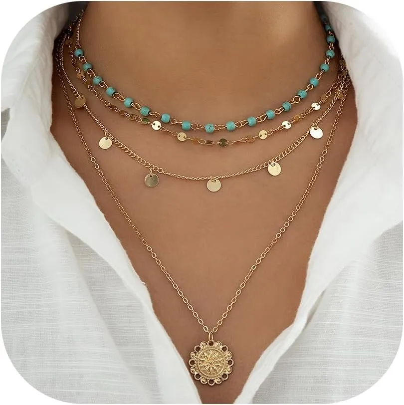 Dainty Layered Choker Necklace Bohemian Turquoise Necklace 14K Gold Plated Dainty Y Pendant Necklace Beach Fashion Pendant Choker