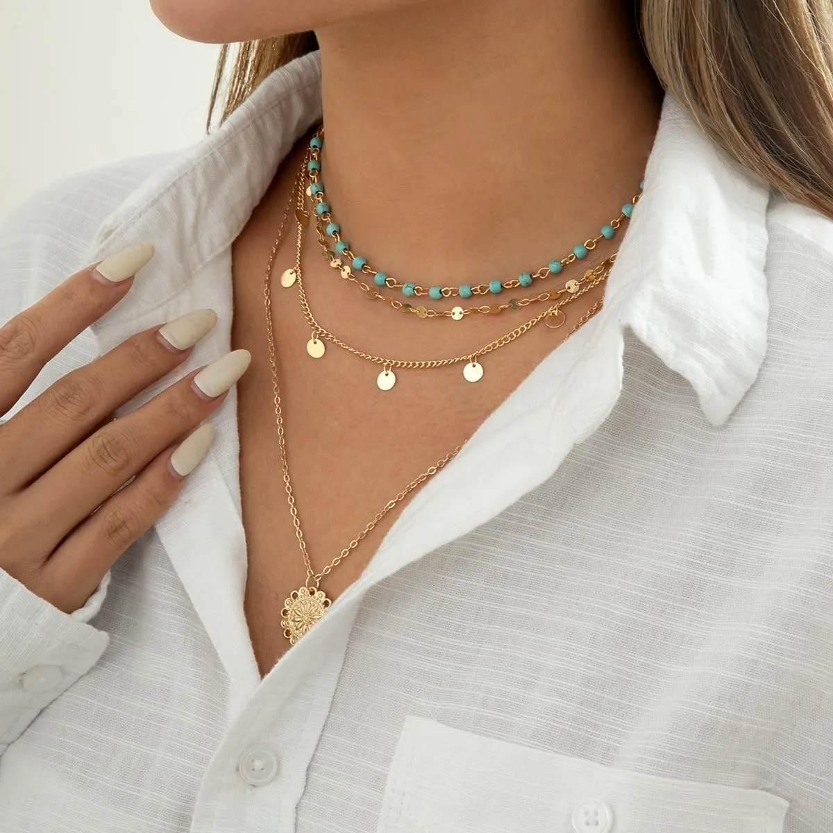 Dainty Layered Choker Necklace Bohemian Turquoise Necklace 14K Gold Plated Dainty Y Pendant Necklace Beach Fashion Pendant Choker