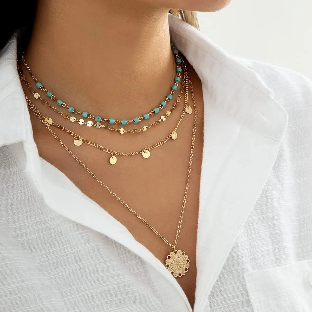 Dainty Layered Choker Necklace Bohemian Turquoise Necklace 14K Gold Plated Dainty Y Pendant Necklace Beach Fashion Pendant Choker