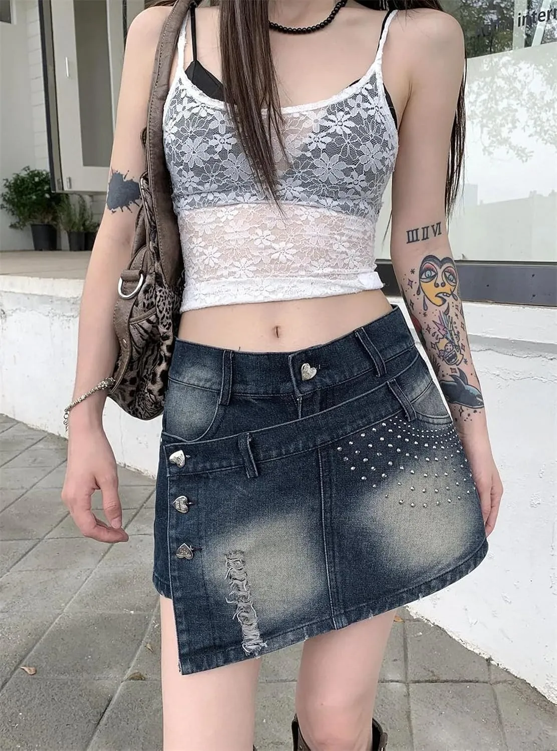 Dawery Y2K Retro Rivet Ripped Denim Shorts Skirts Women Streetwear High Waisted Do Old Washed Jean Shorts Summer