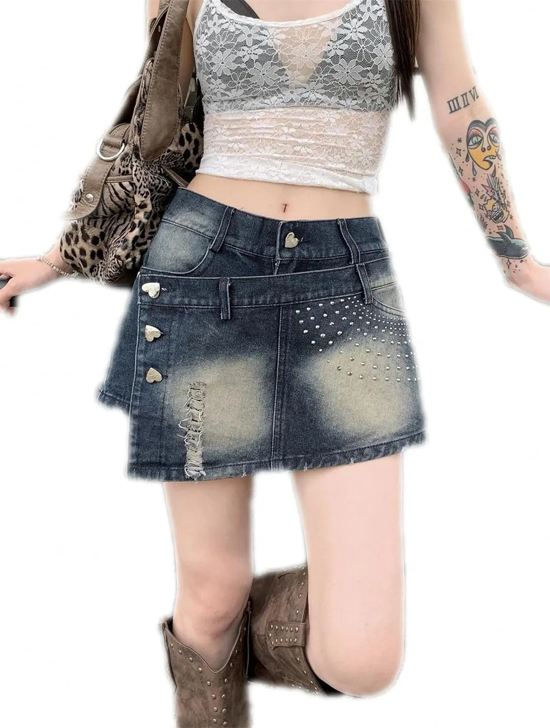 Dawery Y2K Retro Rivet Ripped Denim Shorts Skirts Women Streetwear High Waisted Do Old Washed Jean Shorts Summer