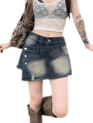 Dawery Y2K Retro Rivet Ripped Denim Shorts Skirts Women Streetwear High Waisted Do Old Washed Jean Shorts Summer