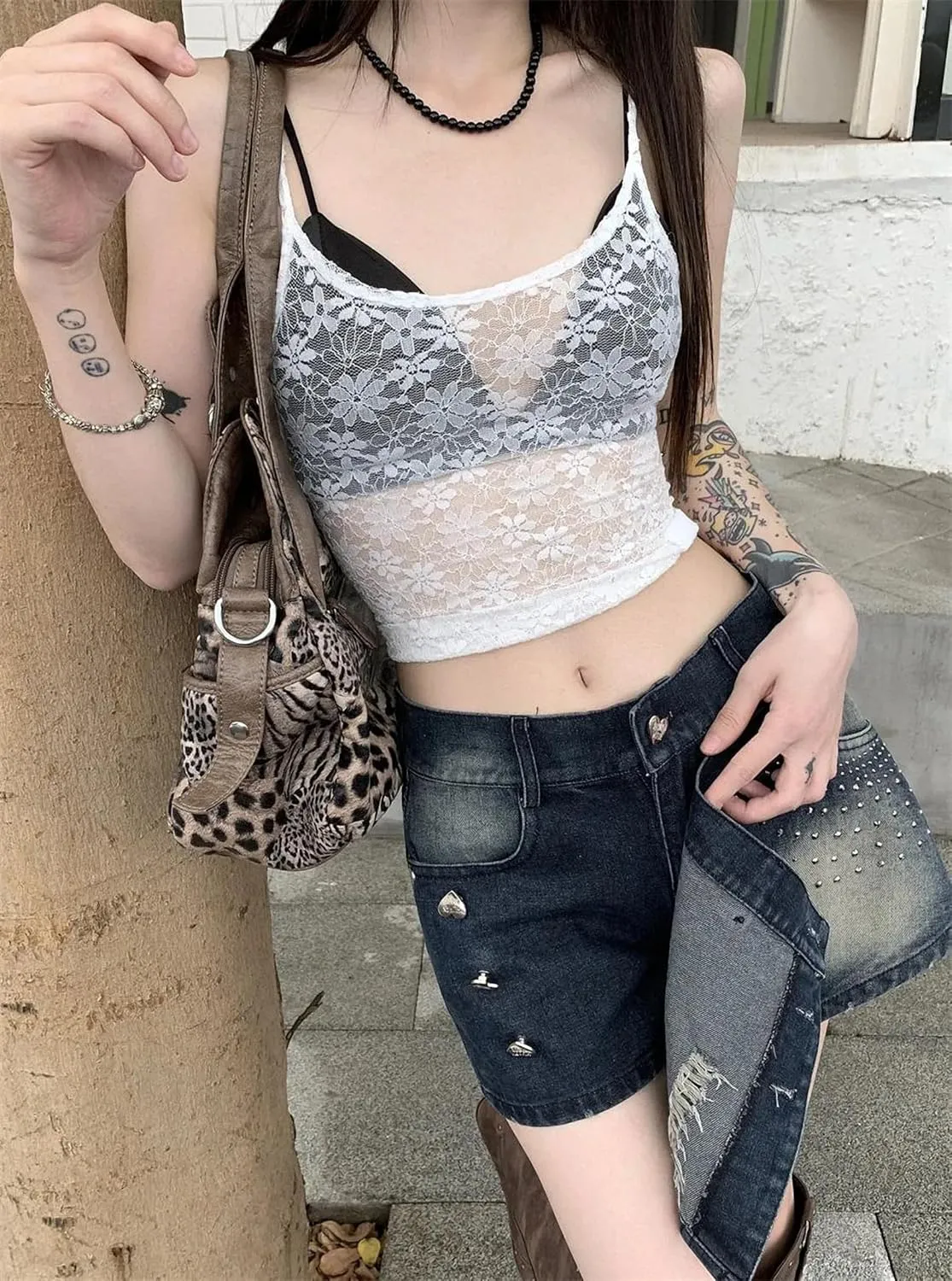 Dawery Y2K Retro Rivet Ripped Denim Shorts Skirts Women Streetwear High Waisted Do Old Washed Jean Shorts Summer