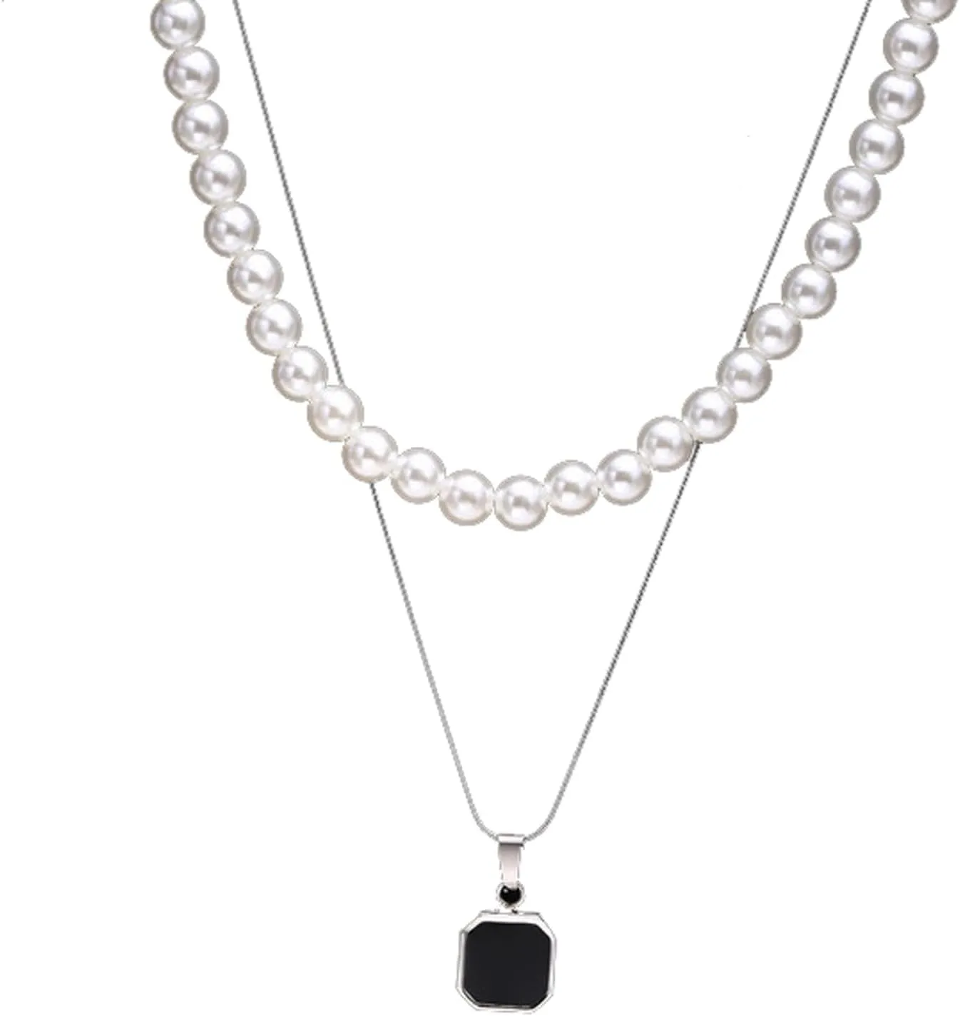 Dcfywl731 2Pcs Mens Pearl Necklace Layered Pearl Choker Necklaces for Men Multilayer Silver Chain Square-Shaped Pendant Necklace Tennis Necklace Gifts