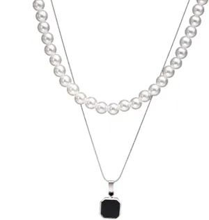 Dcfywl731 2Pcs Mens Pearl Necklace Layered Pearl Choker Necklaces for Men Multilayer Silver Chain Square-Shaped Pendant Necklace Tennis Necklace Gifts