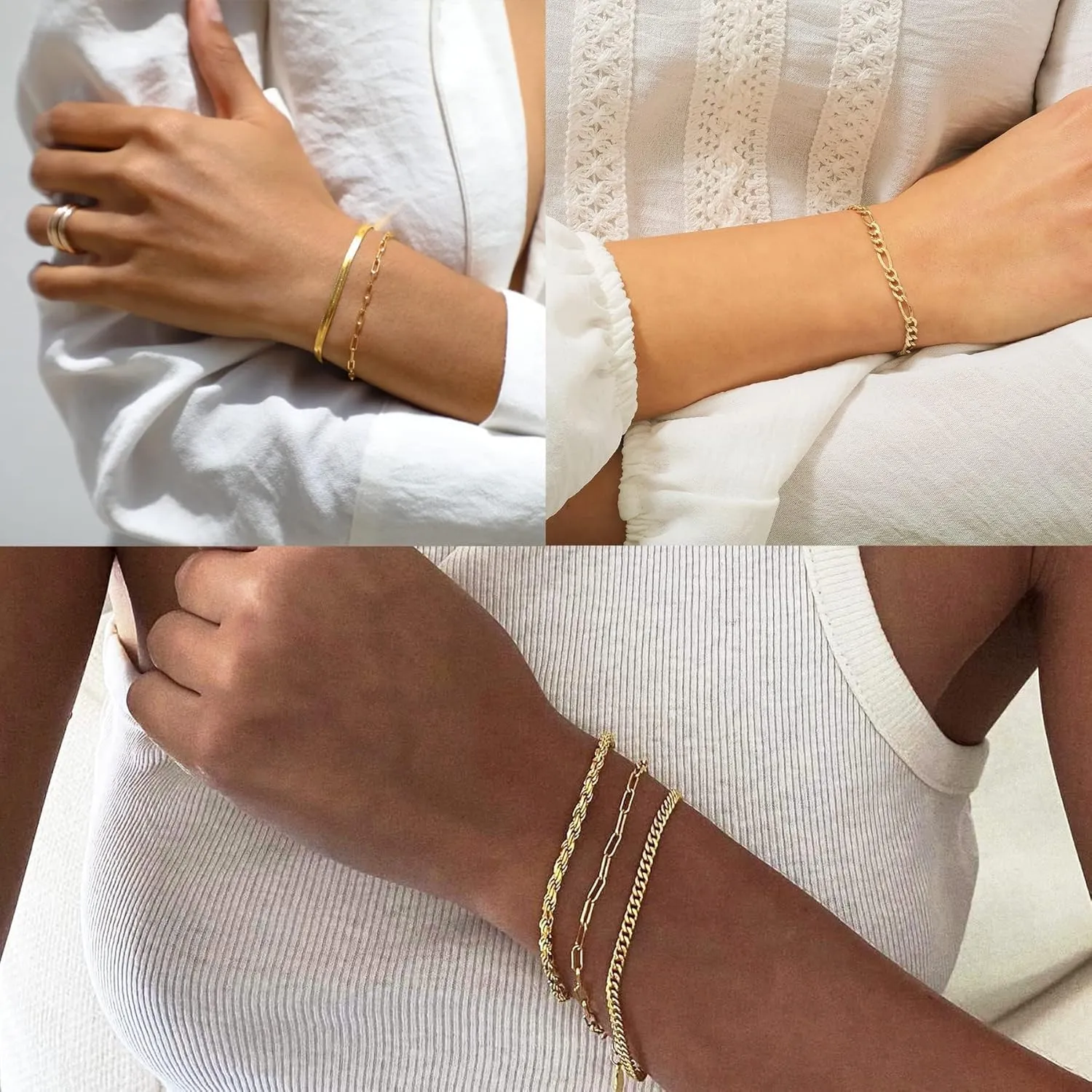 DEARMAY Gold Bracelets for Women Waterproof, 14K Real Gold Jewelry Sets Trendy Thin Dainty Stackable Cuban Link Paperclip Chain Bracelet Pack Fashion Accessories Gifts for Womens