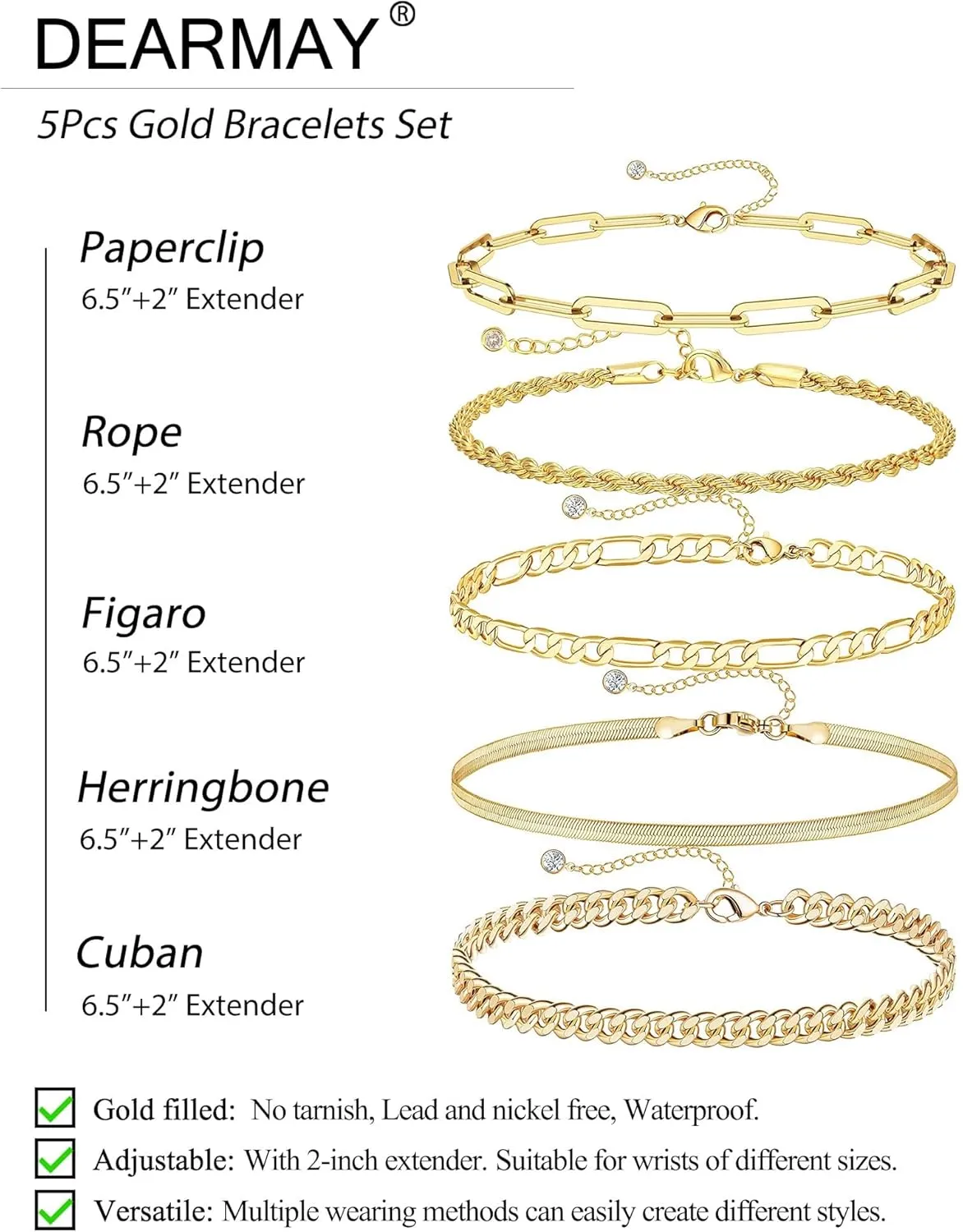 DEARMAY Gold Bracelets for Women Waterproof, 14K Real Gold Jewelry Sets Trendy Thin Dainty Stackable Cuban Link Paperclip Chain Bracelet Pack Fashion Accessories Gifts for Womens
