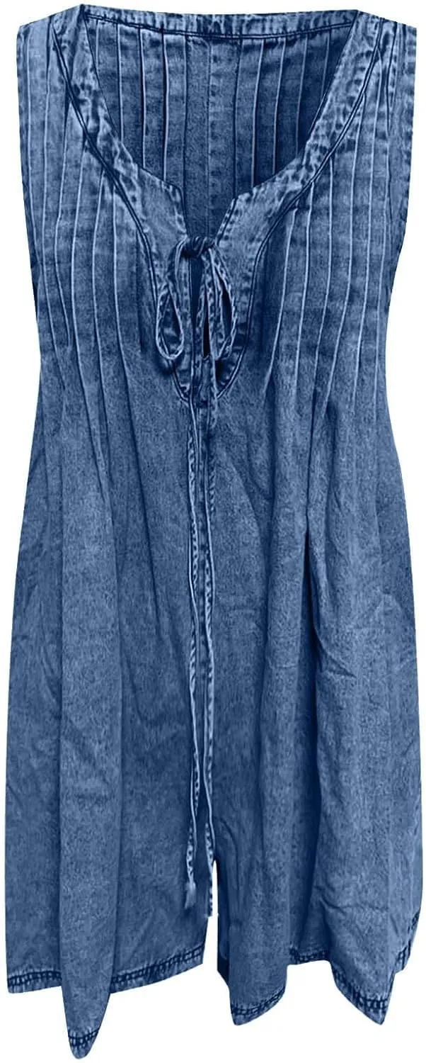Denim Romper for Women 2025 Summer Casual Sleeveless V Neck Tie Front Jean Jumpsuits Ruffle Short Overall with Pocket