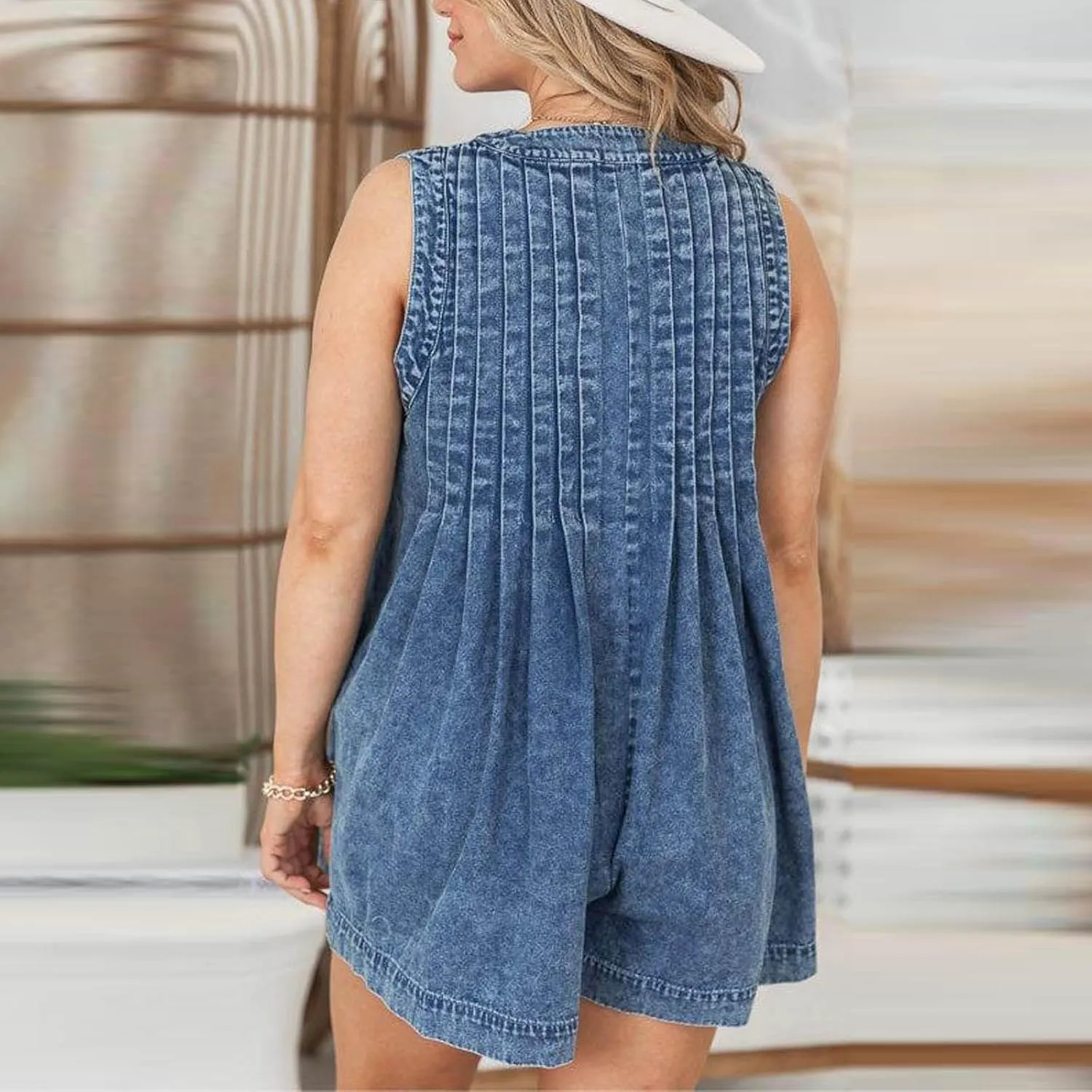 Denim Romper for Women 2025 Summer Casual Sleeveless V Neck Tie Front Jean Jumpsuits Ruffle Short Overall with Pocket