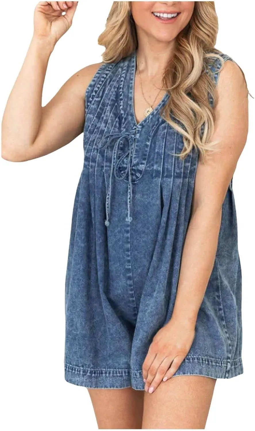 Denim Romper for Women 2025 Summer Casual Sleeveless V Neck Tie Front Jean Jumpsuits Ruffle Short Overall with Pocket