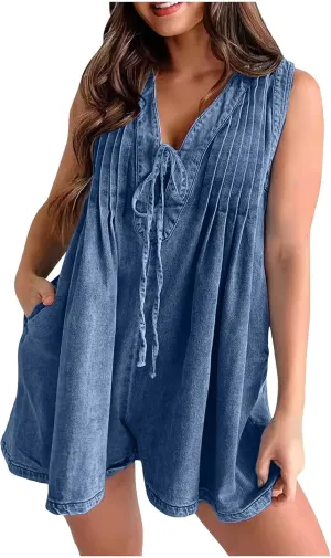 Denim Romper for Women 2025 Summer Casual Sleeveless V Neck Tie Front Jean Jumpsuits Ruffle Short Overall with Pocket
