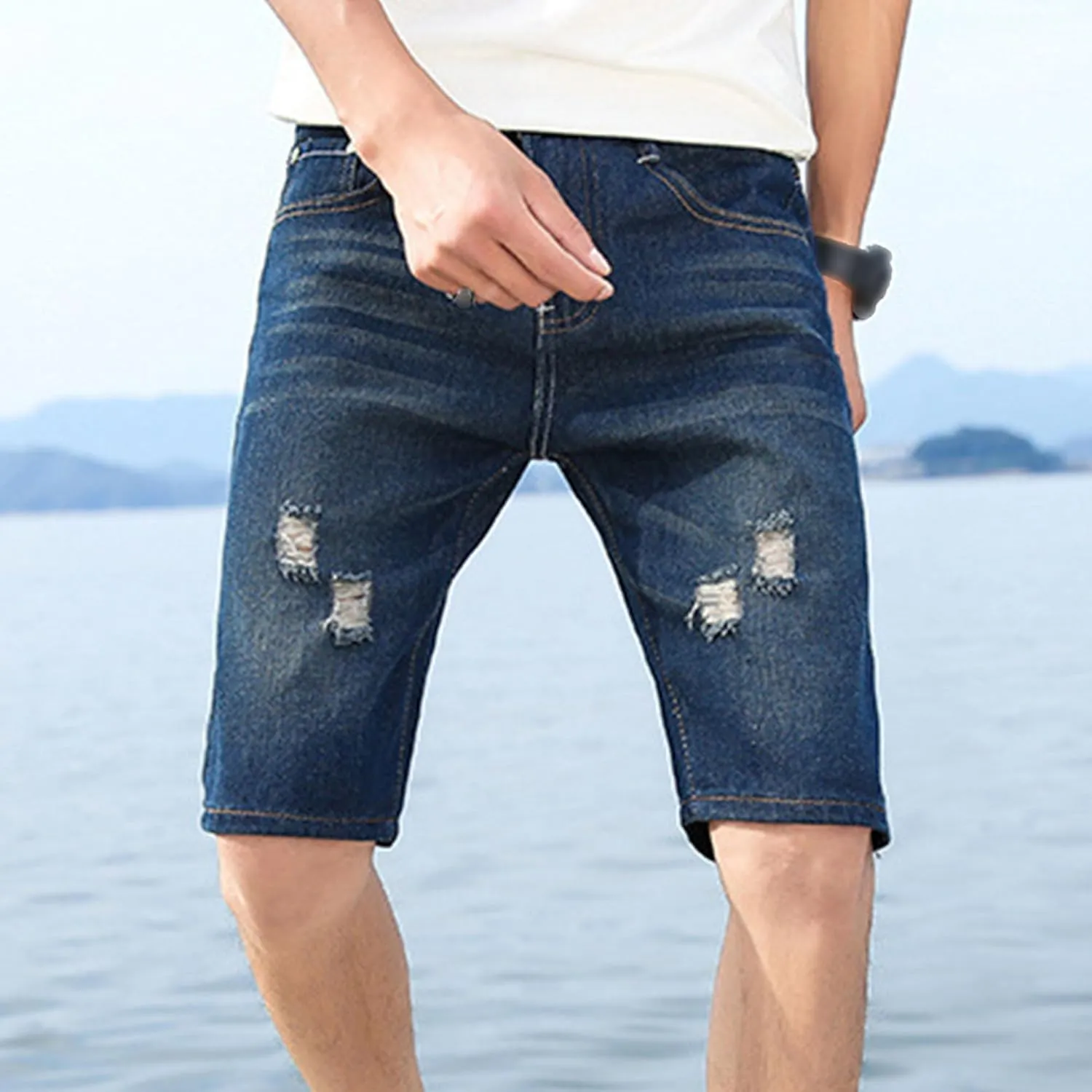 DGHM-JLMY Men's Ripped Loose Straight Jeans Shorts Destroyed Retro Zipper Jean Shorts Casual Slim Fit Regular Denim Shorts
