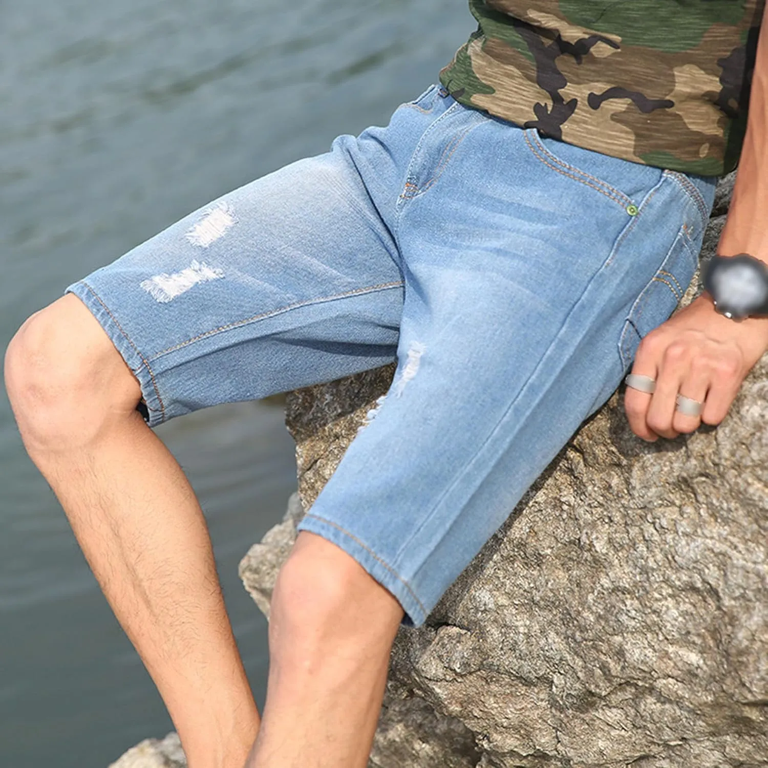 DGHM-JLMY Men's Ripped Loose Straight Jeans Shorts Destroyed Retro Zipper Jean Shorts Casual Slim Fit Regular Denim Shorts