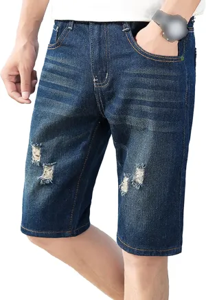 DGHM-JLMY Men's Ripped Loose Straight Jeans Shorts Destroyed Retro Zipper Jean Shorts Casual Slim Fit Regular Denim Shorts