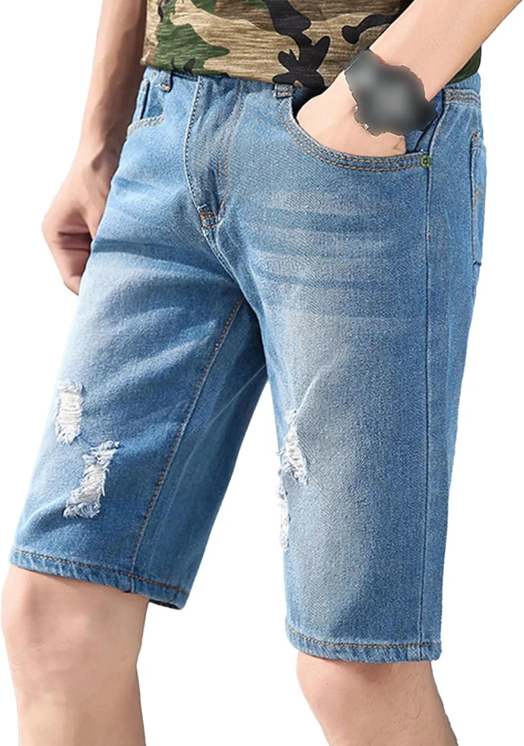 DGHM-JLMY Men's Ripped Loose Straight Jeans Shorts Destroyed Retro Zipper Jean Shorts Casual Slim Fit Regular Denim Shorts