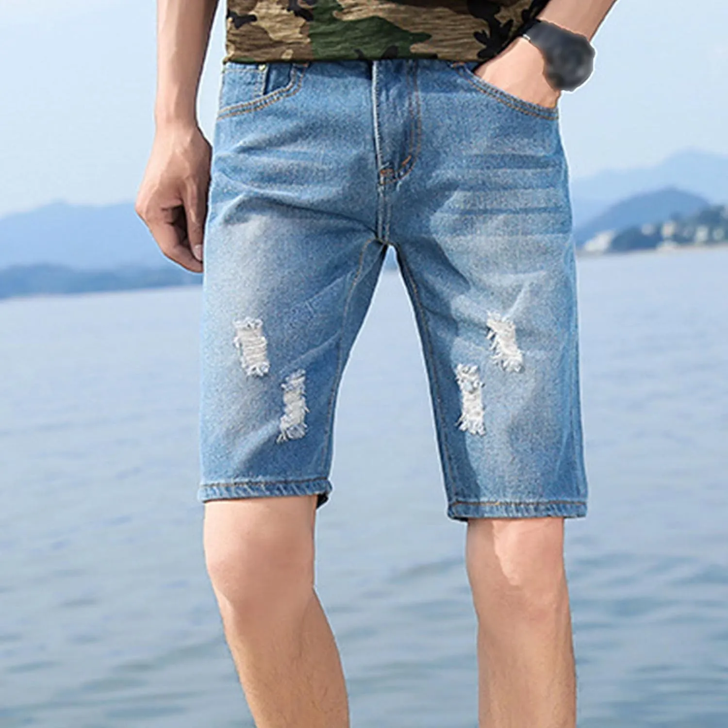 DGHM-JLMY Men's Ripped Loose Straight Jeans Shorts Destroyed Retro Zipper Jean Shorts Casual Slim Fit Regular Denim Shorts
