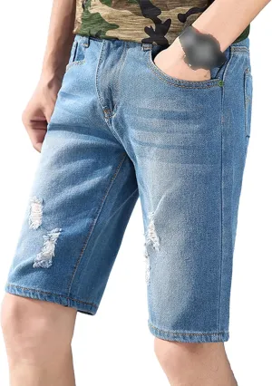 DGHM-JLMY Men's Ripped Loose Straight Jeans Shorts Destroyed Retro Zipper Jean Shorts Casual Slim Fit Regular Denim Shorts