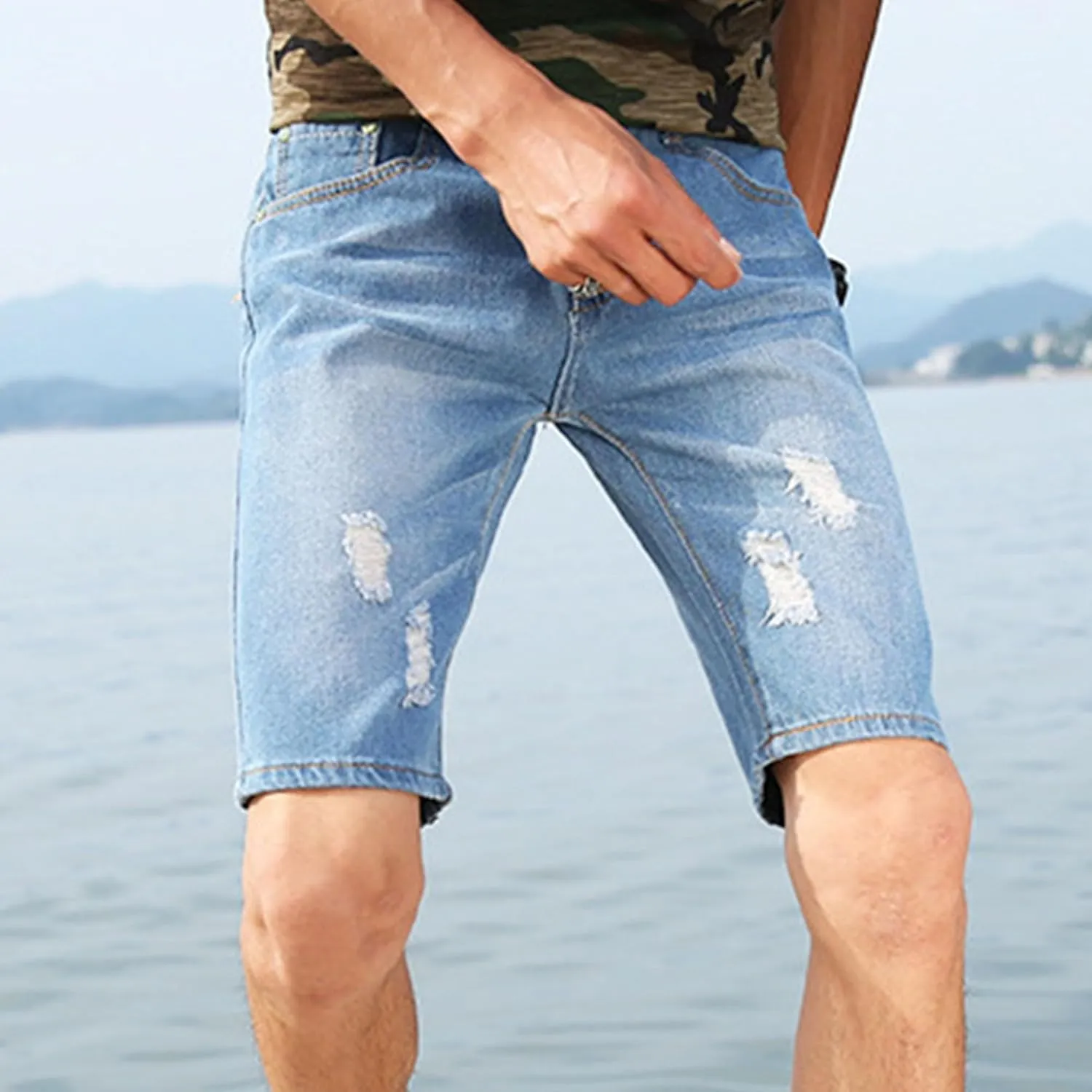 DGHM-JLMY Men's Ripped Loose Straight Jeans Shorts Destroyed Retro Zipper Jean Shorts Casual Slim Fit Regular Denim Shorts