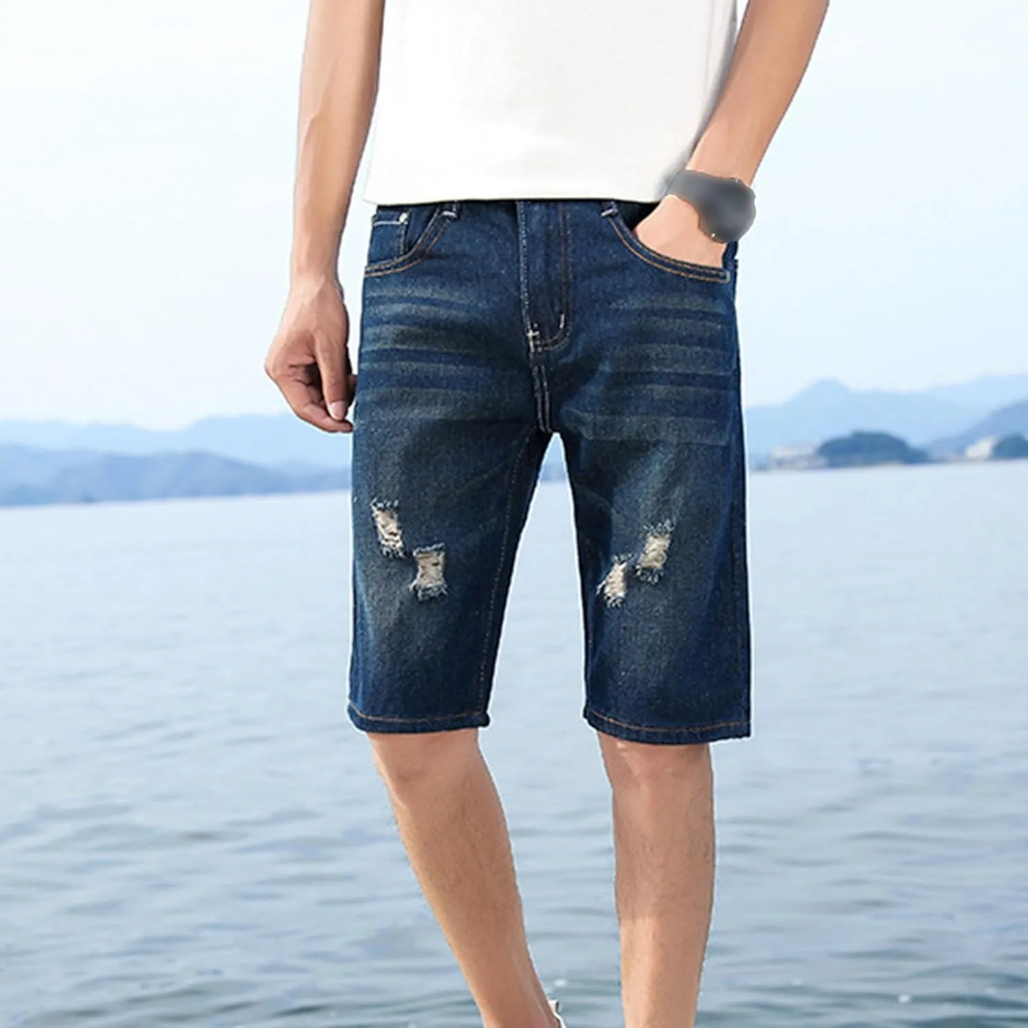 DGHM-JLMY Men's Ripped Loose Straight Jeans Shorts Destroyed Retro Zipper Jean Shorts Casual Slim Fit Regular Denim Shorts