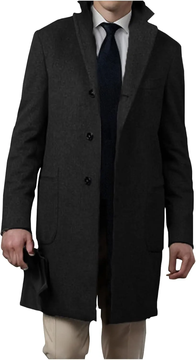 Dgoopd Men's Double Breasted Trench Coat Wool Blend Long Coat Notch Lapel Jacket Casual Pea Coat Windproof Jacket
