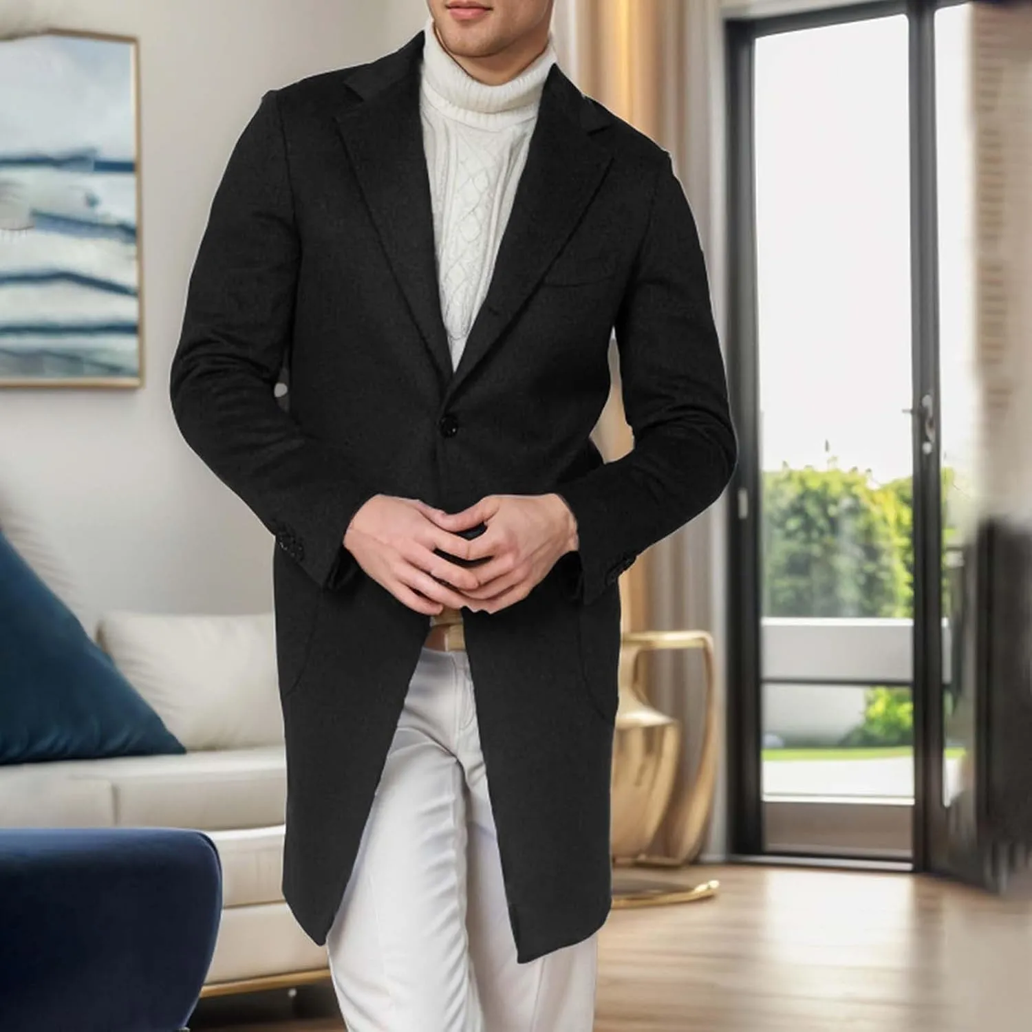 Dgoopd Men's Double Breasted Trench Coat Wool Blend Long Coat Notch Lapel Jacket Casual Pea Coat Windproof Jacket