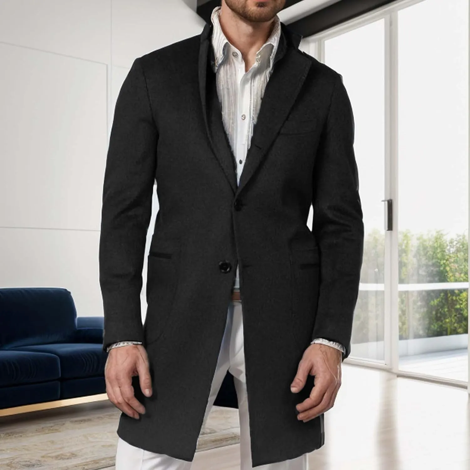 Dgoopd Men's Double Breasted Trench Coat Wool Blend Long Coat Notch Lapel Jacket Casual Pea Coat Windproof Jacket