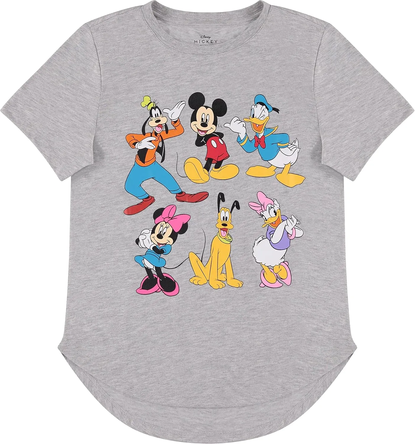 Disney Ladies Mickey Mouse Fashion Shirt - Womens Mickey & Minnie Mouse Top Curved Hem Hi Lo Short Sleeve Tee